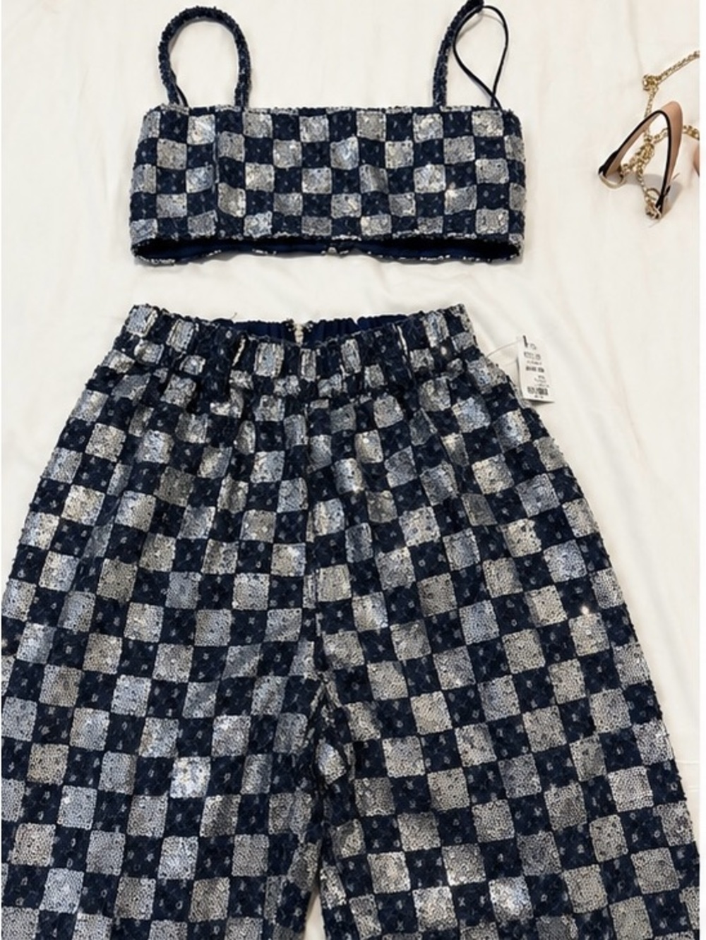 AKIRA Navy and Silver Sequin Check Straight Leg Pants